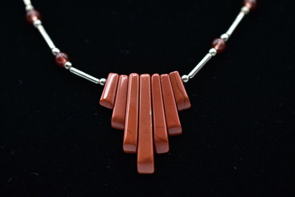 Vintage Silver Beaded Collar Necklace Clay Red Faux Stone Boho Tribal 80s BinA